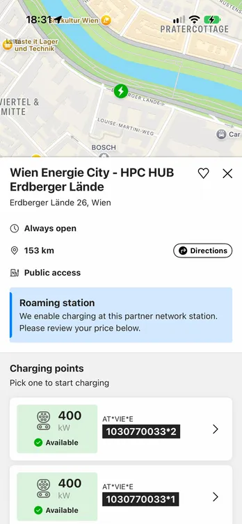 The easyCharging app showing a charging station found on the map: its address and charging points, with the map still visible above.