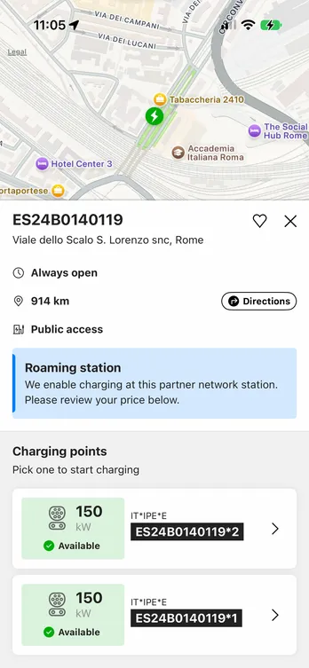 The easyCharging app showing a charging station found on the map: its address and charging points, with the map still visible above.