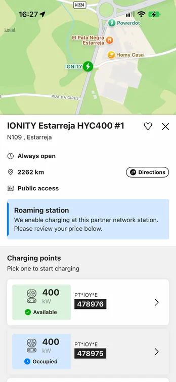 The easyCharging app showing a charging station found on the map: its address and charging points, with the map still visible above.