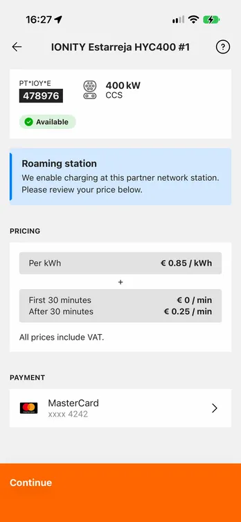 The easyCharging app showing one charging point at a station: its power, its connector and whether it is free, then the price and the card you pay with — all before you plug in.
