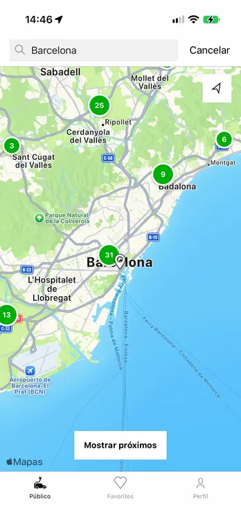 La aplicación easyCharging con un mapa en directo de los puntos de recarga en Barcelona.