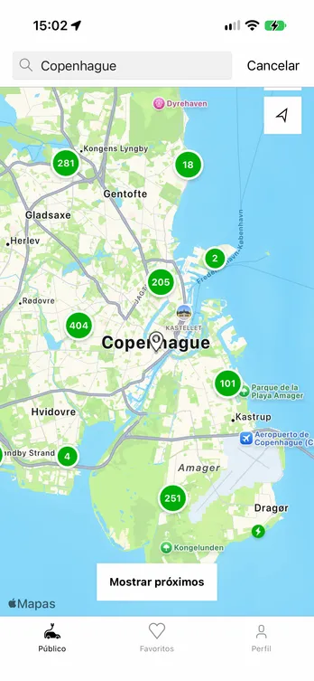 La aplicación easyCharging con un mapa en directo de los puntos de recarga en Copenhague.