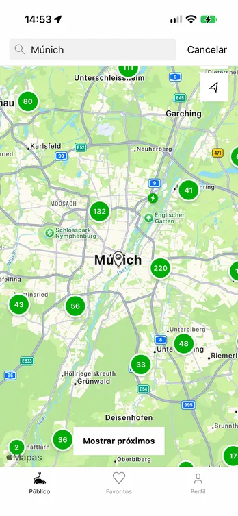 La aplicación easyCharging con un mapa en directo de los puntos de recarga en Múnich.