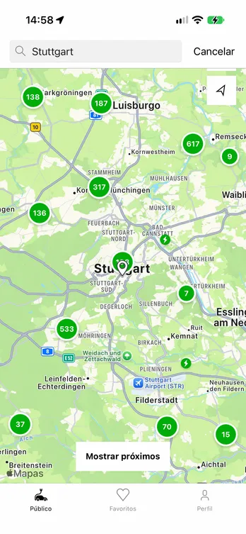 La aplicación easyCharging con un mapa en directo de los puntos de recarga en Stuttgart.