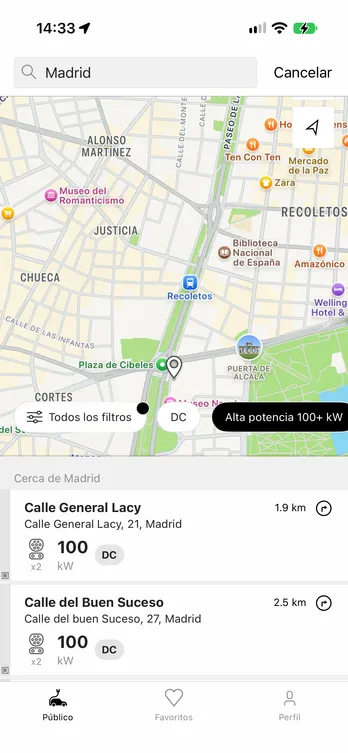La aplicación easyCharging con un mapa en directo de los puntos de recarga en Madrid.