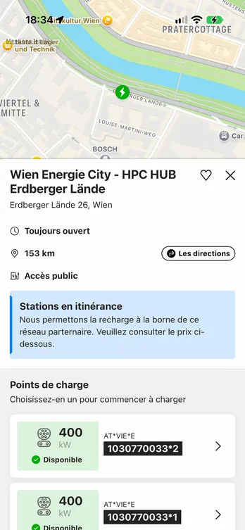 L'application easyCharging affichant une station de recharge trouvée sur la carte : son adresse et ses points de charge, avec la carte toujours visible au-dessus.