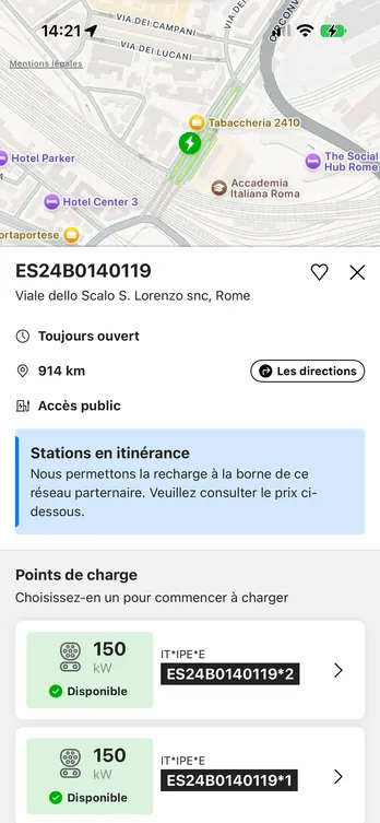 L'application easyCharging affichant une station de recharge trouvée sur la carte : son adresse et ses points de charge, avec la carte toujours visible au-dessus.