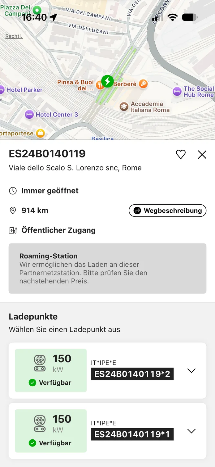 Die easyCharging-App mit einer auf der Karte gefundenen Ladestation: Adresse und Ladepunkte, darüber weiterhin die Karte.