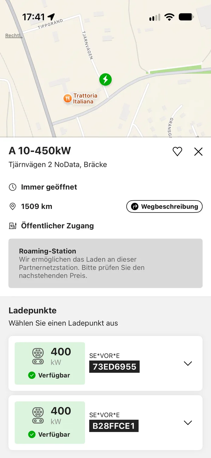 Die easyCharging-App mit einer auf der Karte gefundenen Ladestation: Adresse und Ladepunkte, darüber weiterhin die Karte.