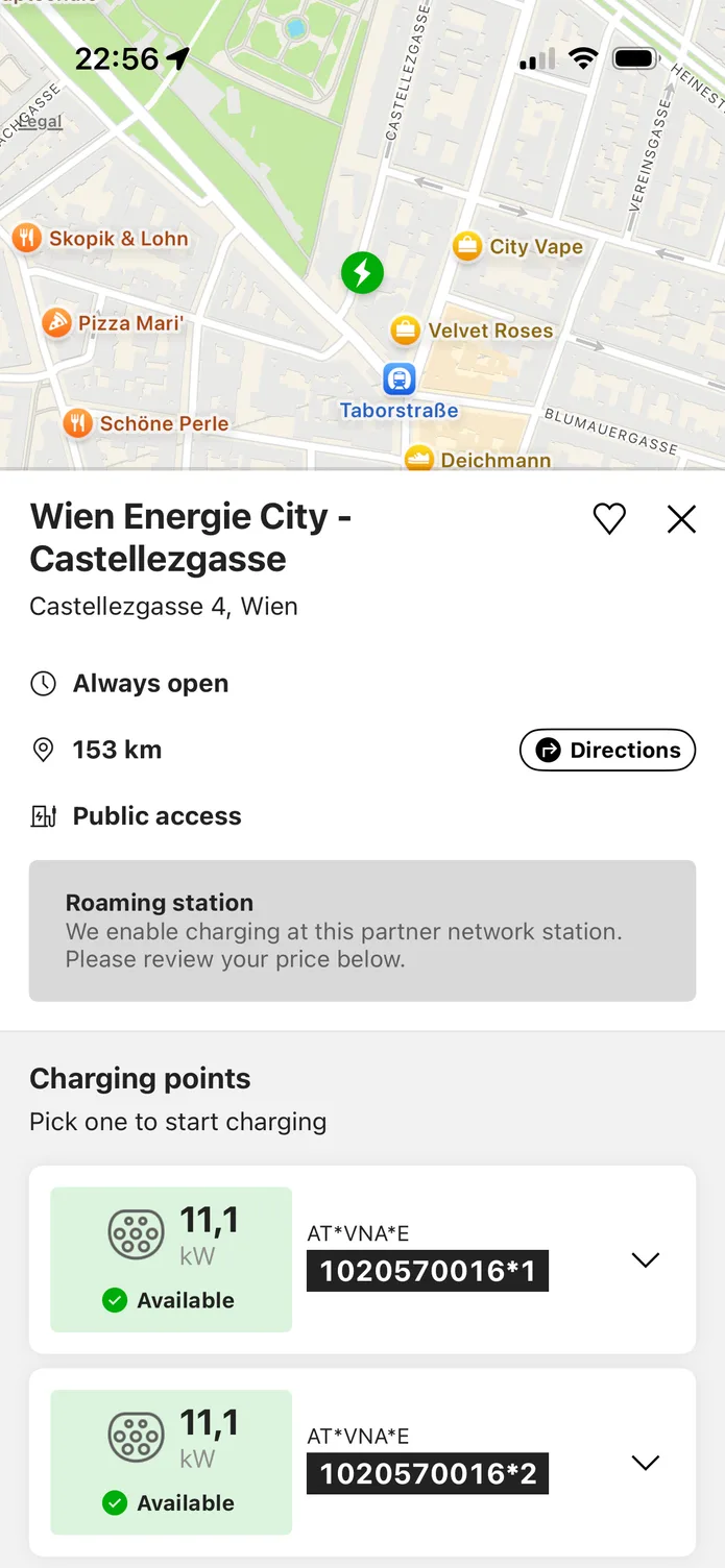 The easyCharging app showing a nearby charging station: its charging points, the price per kWh before you plug in, and a swipe control to start charging.