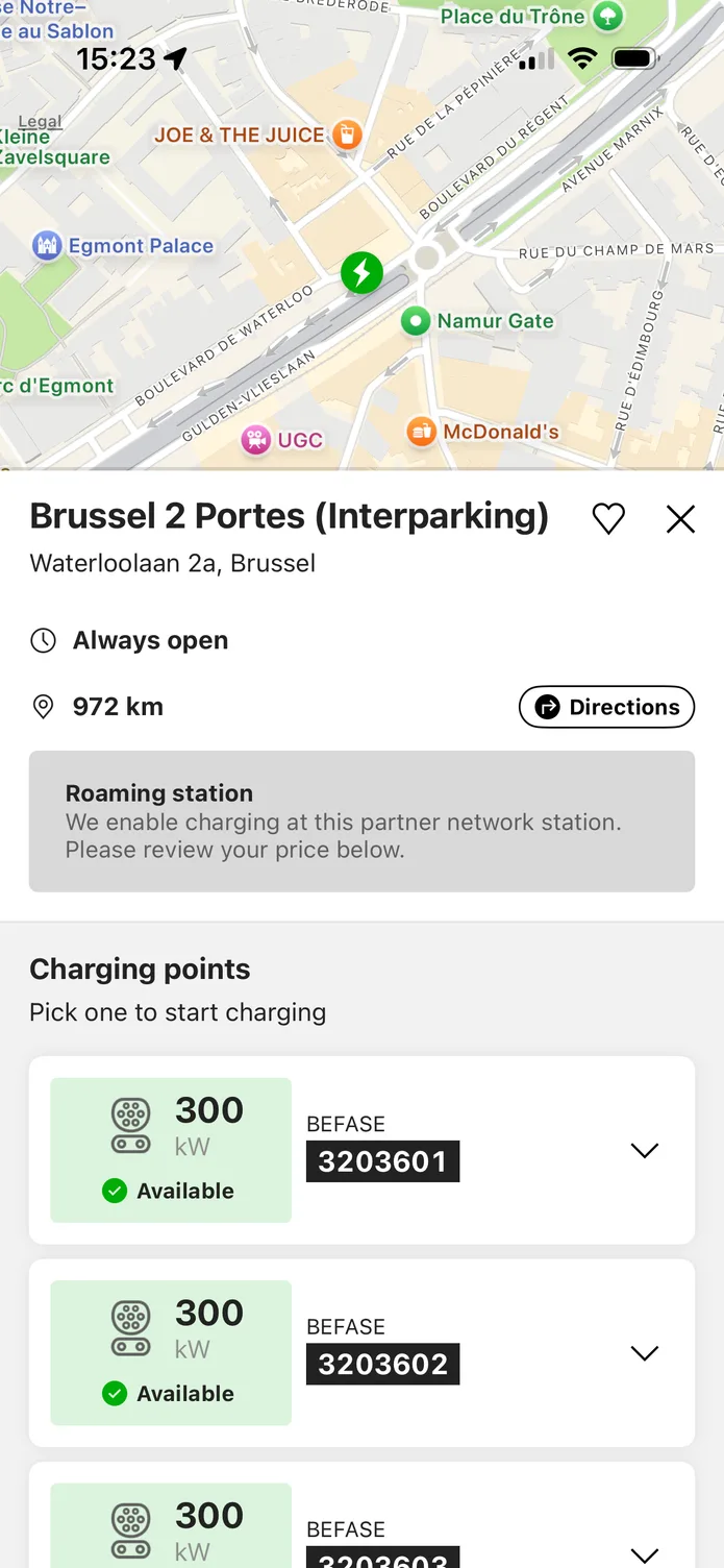 The easyCharging app showing a nearby charging station: its charging points, the price per kWh before you plug in, and a swipe control to start charging.