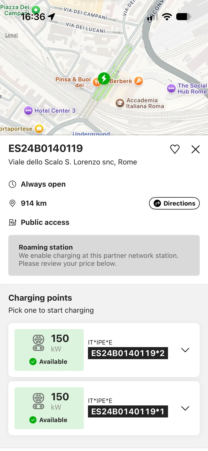 The easyCharging app showing a charging station found on the map: its address and charging points, with the map still visible above.