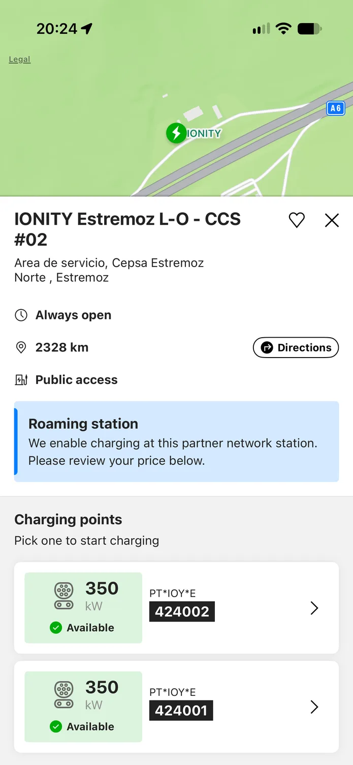 The easyCharging app showing a charging station found on the map: its address and charging points, with the map still visible above.