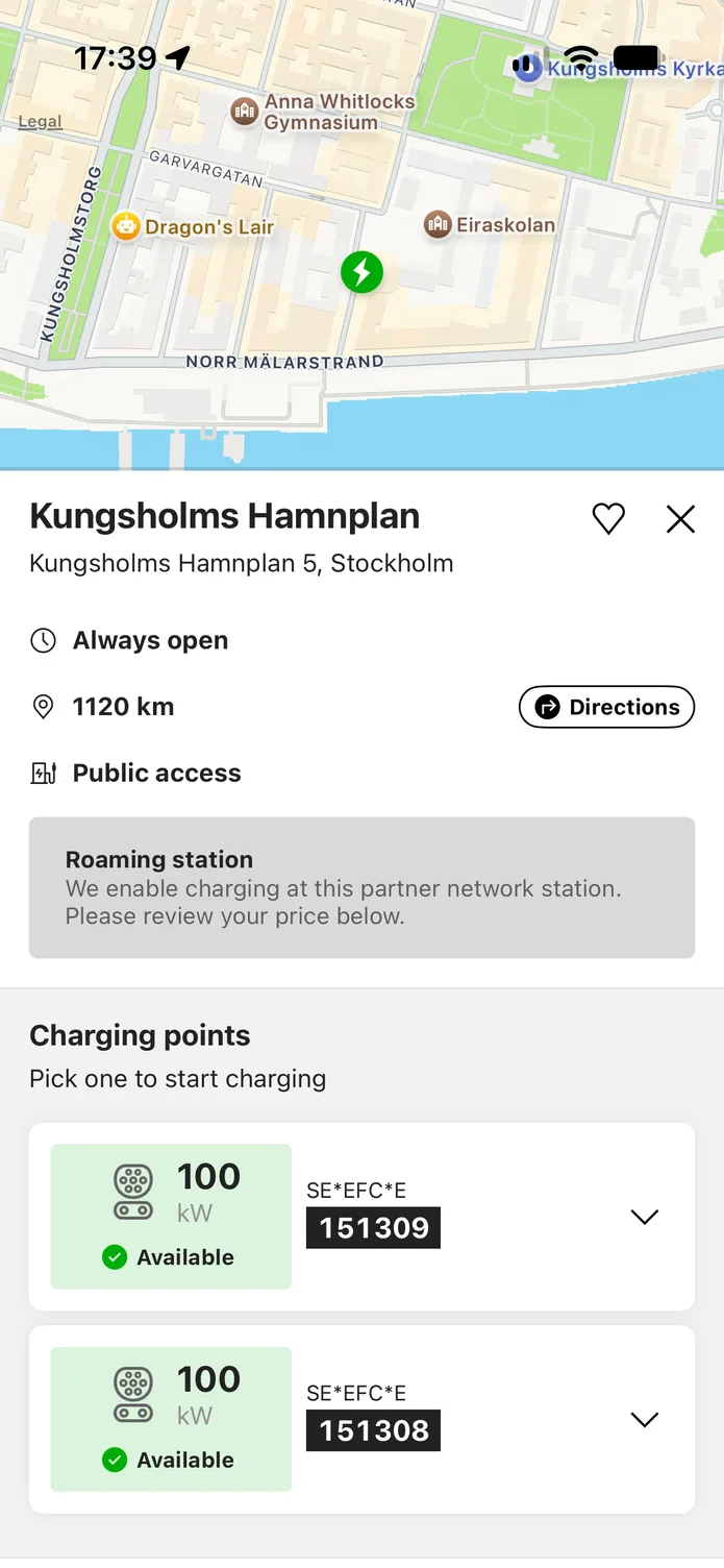 The easyCharging app showing a charging station found on the map: its address and charging points, with the map still visible above.