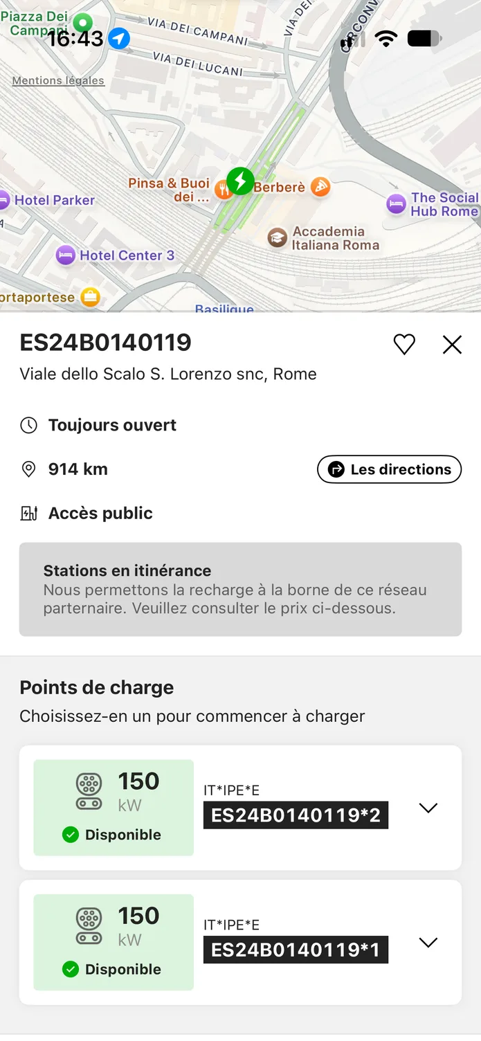 L'application easyCharging affichant une station de recharge trouvée sur la carte : son adresse et ses points de charge, avec la carte toujours visible au-dessus.